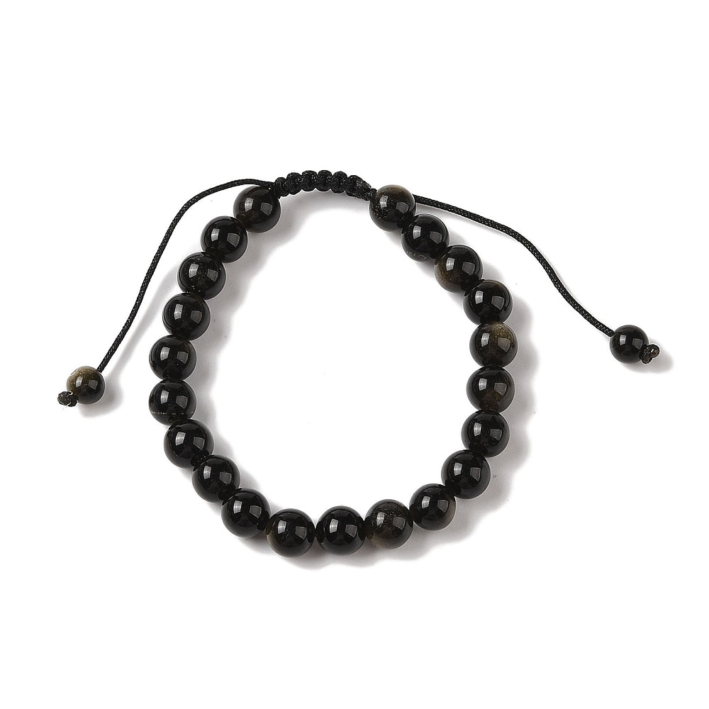 Black Obsidian (Dragon's Glass) Shambala Bracelet With 8mm Round Beads And Adjustable Drawstring