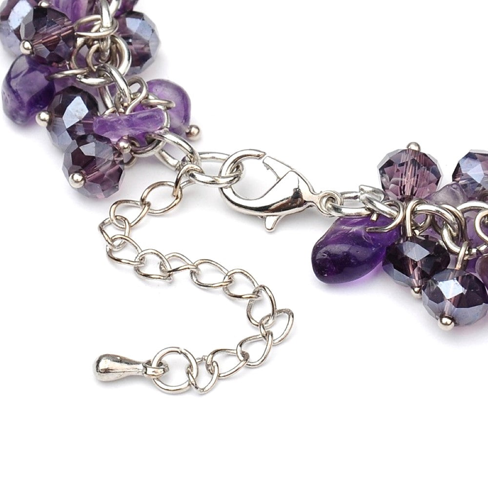 Deep Purple Amethyst, Czech Crystal & Platinum Lobster Clasp Bracelet With Chip Beads And Extender Chain