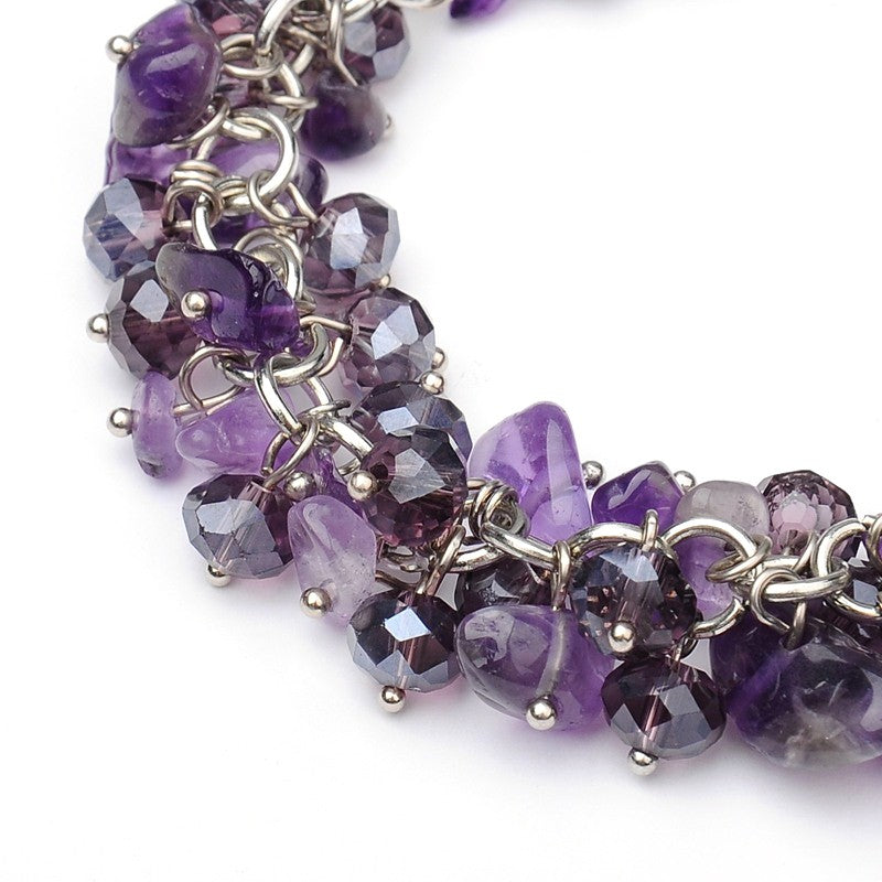 Deep Purple Amethyst, Czech Crystal & Platinum Lobster Clasp Bracelet With Chip Beads And Extender Chain