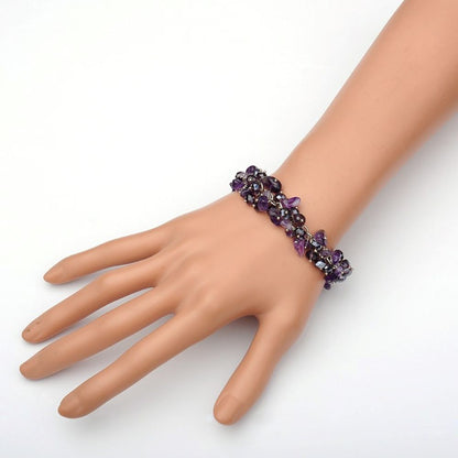 Deep Purple Amethyst, Czech Crystal & Platinum Lobster Clasp Bracelet With Chip Beads And Extender Chain