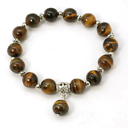 Brown & Yellow Tiger Eye Bracelet With 10mm Round Beads And Antique Silver Spacers