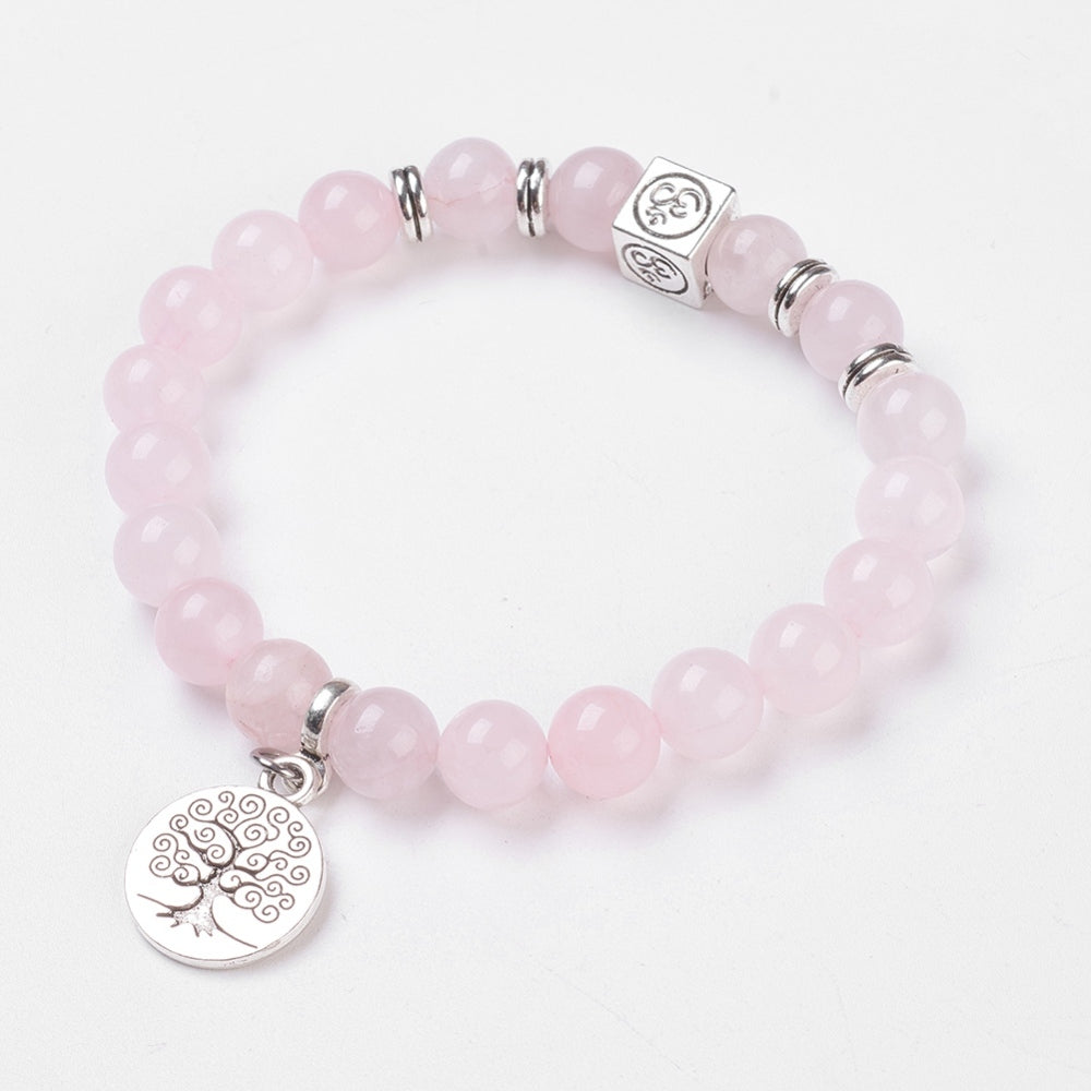 Baby Pink Rose Quartz Bracelet With 8mm Round Beads And Ohm Spacer Plus Tree Of Life Charm