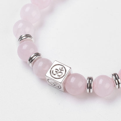 Baby Pink Rose Quartz Bracelet With 8mm Round Beads And Ohm Spacer Plus Tree Of Life Charm