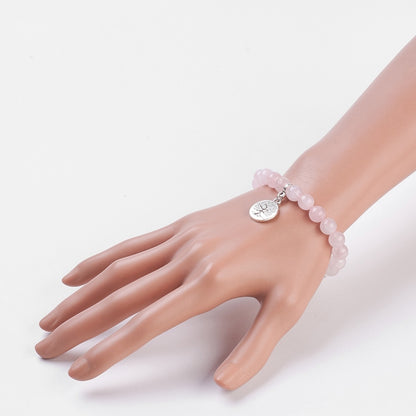 Baby Pink Rose Quartz Bracelet With 8mm Round Beads And Ohm Spacer Plus Tree Of Life Charm