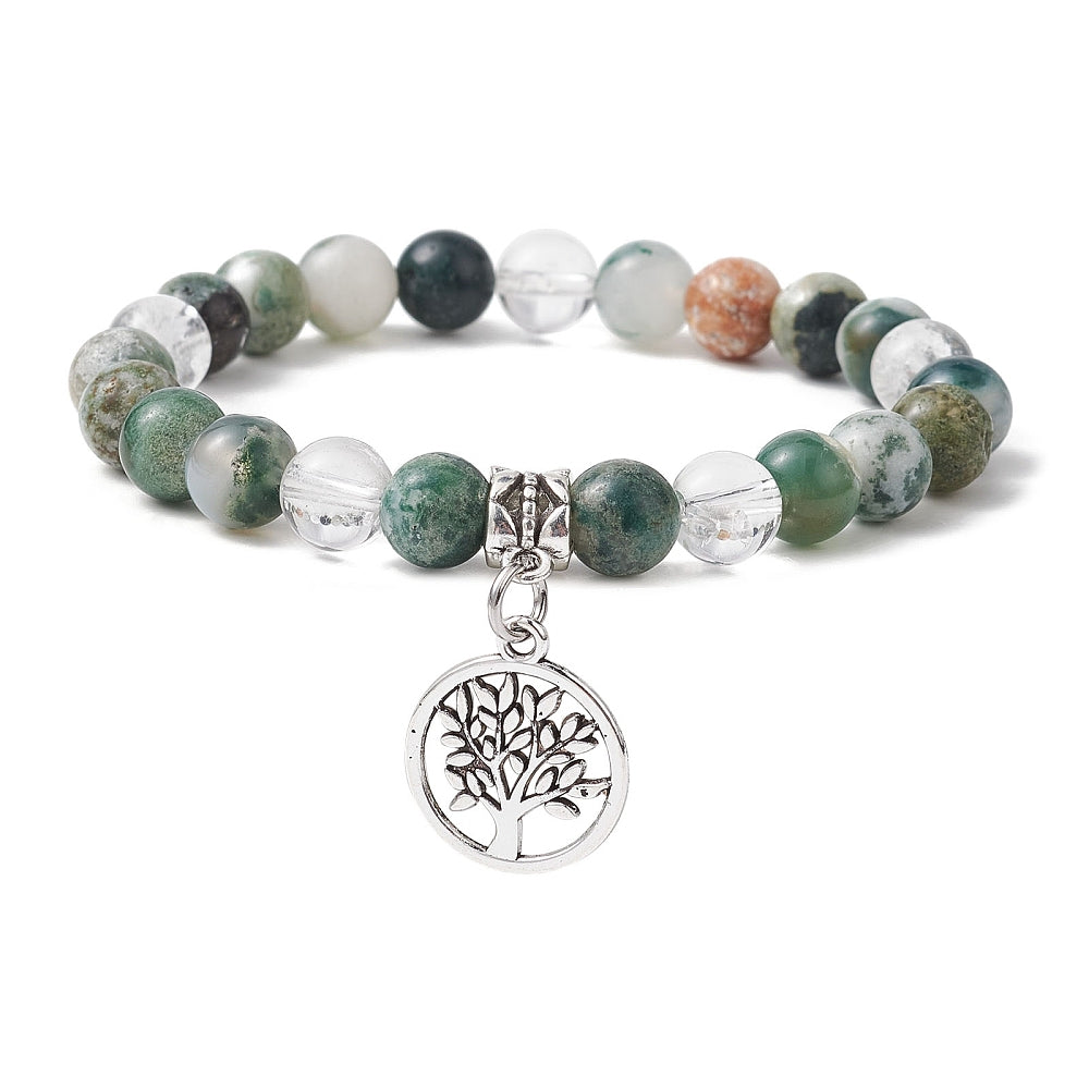 Green & White Tree Agate Bracelet With 8mm Round Beads And Tree Of Life Charm