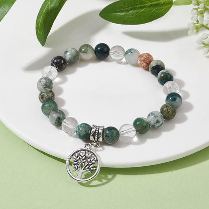 Green & White Tree Agate Bracelet With 8mm Round Beads And Tree Of Life Charm