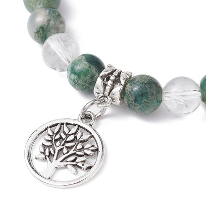 Green & White Tree Agate Bracelet With 8mm Round Beads And Tree Of Life Charm