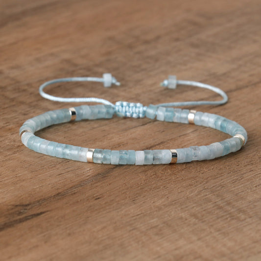 Light Blue Aquamarine Shambala Bracelet With Heishi Beads And Adjustable Drawstring