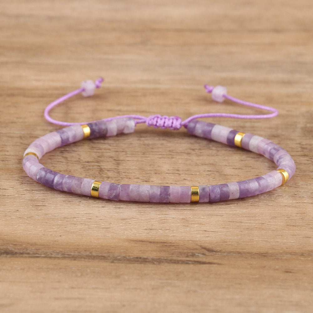 Purple & Lilac Lepidolite Shambala Bracelet With Heishi Beads And Adjustable Drawstring